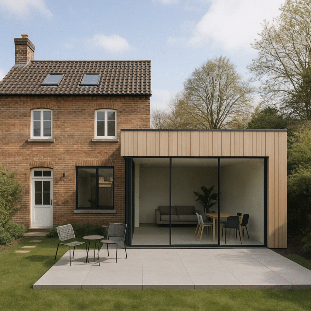 Tilbygning til enfamiliehus i Aarhus – moderne arkitektur med store vinduespartier og facade i træ og mursten