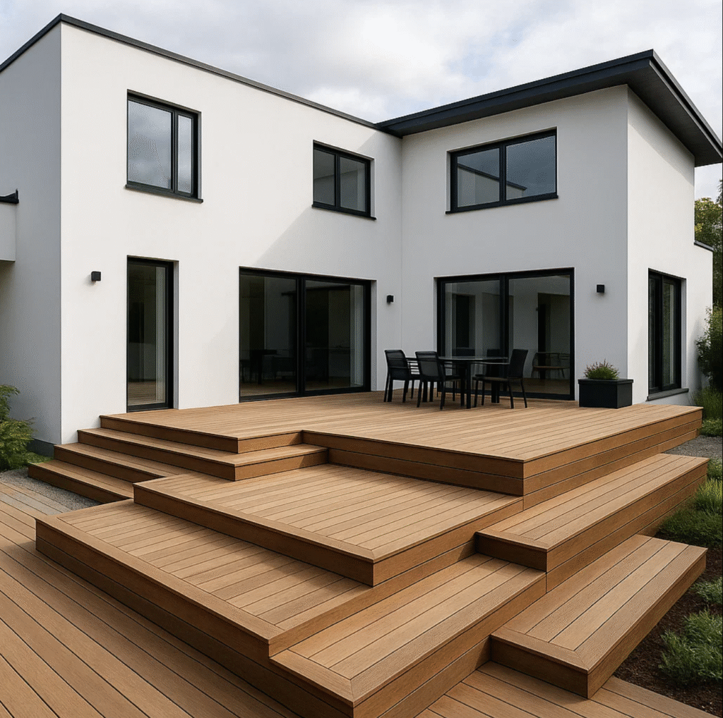 Nybygget træterrasse i Aarhus – udført i lyse træplanker med moderne finish og udsigt til have.