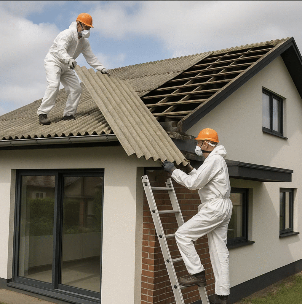 Tømrer Aarhus fjerner asbesttag med korrekt sikkerhedsudstyr – professionel nedtagning af asbesttag i Aarhus.