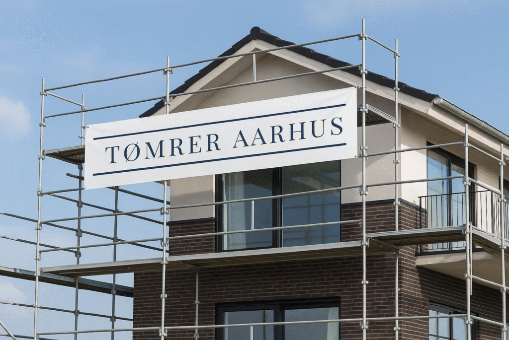 Et hus med et banner fra tømrer Aarhus hængende på facaden, der reklamerer for tømrerarbejde eller renovering.